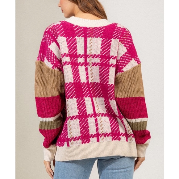 LOVERICHE Cozy Chic Mixed Knitted Magenta Oversized Cardigan - Picture 3 of 8